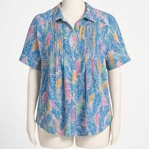 Vtg Woman Within Tropical Leaf Print Pleated Cotton Shirt Tunic Blouse 1X 22 24